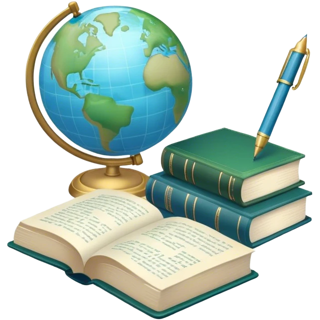 Create an emoji representing language translation. The design should feature just one globe in the background, symbolizing international communication. In front of the globe, place two books with texts on them and a pen nearby to indicate the act of writing. Use a clean and professional color palette with blues, greens, and neutral tones. Make the background transparent. emoji
