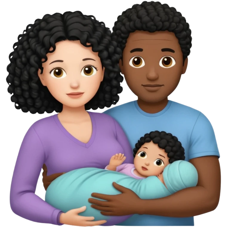 family: white woman curly black hair, black man with short black frizz hair, one 2 y o daughter , and a newborn in the and of the mother emoji