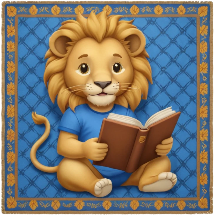 Happy lion reading  on a carpet with blue shirt on emoji
