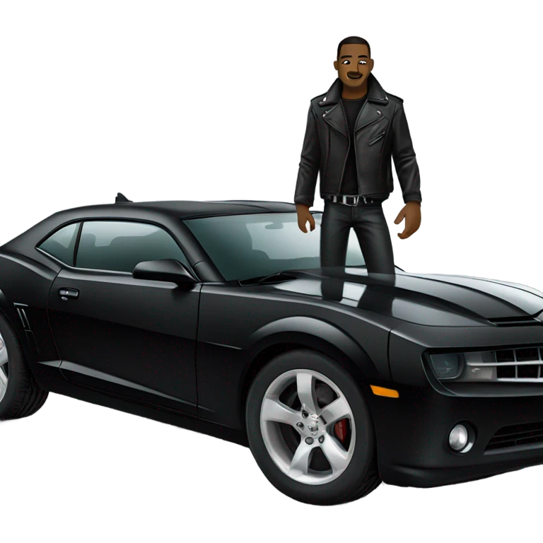 Black Camaro with a man leaning on it wearing black clothes with a black leather jacket and combat boots. emoji