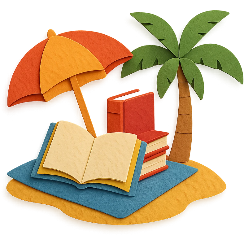cozy beach reading nook with books, umbrella, and palm tree, layered paper effect, paper-craft style emoji