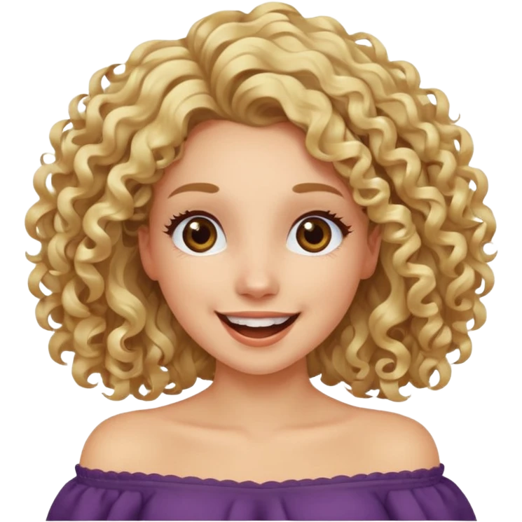 happy excited woman with curly long blond hair, brown eyes, wearing an off-shoulder top,  emoji