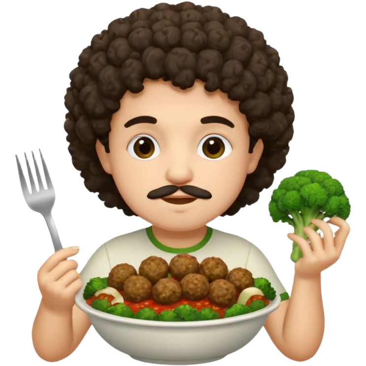 Grillo con capelli ricci scuri che mangia broccoli bolliti e polpette emoji