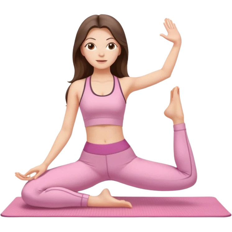 white brunette girl long hair with hazel eyes in light pink workout clothes stretching on a yoga mat emoji