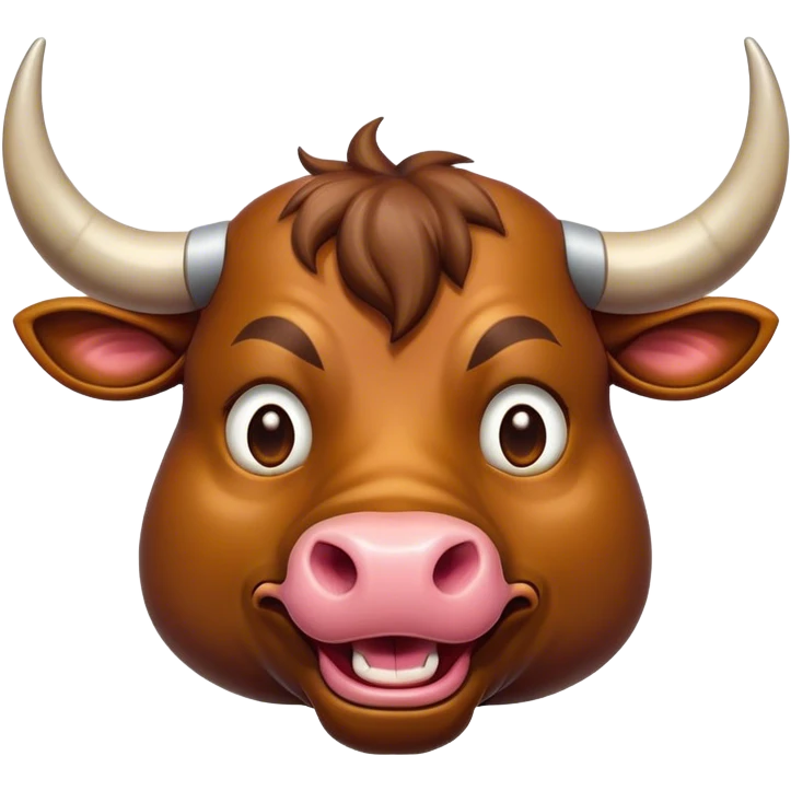 Cinematic Comical Domestic Bull Portrait Emoji, Head tilted dramatically with an exaggeratedly amused expression, featuring a striking, glossy coat with boldly defined horns and wide, expressive eyes brimming with playful disbelief, Simplified yet hilariously expressive features, highly detailed, glowing with a slightly sassy, earthy glow, high shine, dramatic yet playful, stylized with an air of cheeky rural mischief, soft glowing outline, capturing the essence of a spirited and over-the-top domestic bull that looks ready to charge its way into internet fame instantly! emoji