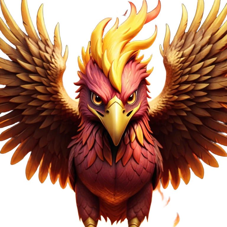 Cinematic Battle-Hardened Mystical Fire Phoenix Portrait Emoji, head bowed slightly in a moment of raw resilience, revealing a form etched with the wear of relentless conflict. Ragged, scorched plumage and half-closed, determined eyes speak to battles fought and won. Rendered with authentic detail and dramatic natural light that accentuates every scar and burn, high shine, this portrayal blends vulnerability with hardened strength, outlined in a soft glow that captures the essence of a phoenix tempered by the fires of combat. emoji