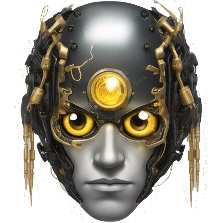 black metal male cyborg head with artificial eyeball, circuitry and wispy yellow gold hair emoji