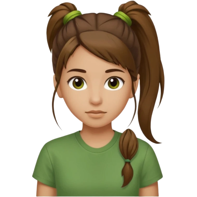 Make a zumba coach emoji, brown eyes, brown hair girl, green shirt with the "the roots" on it, longer pony tail hair emoji