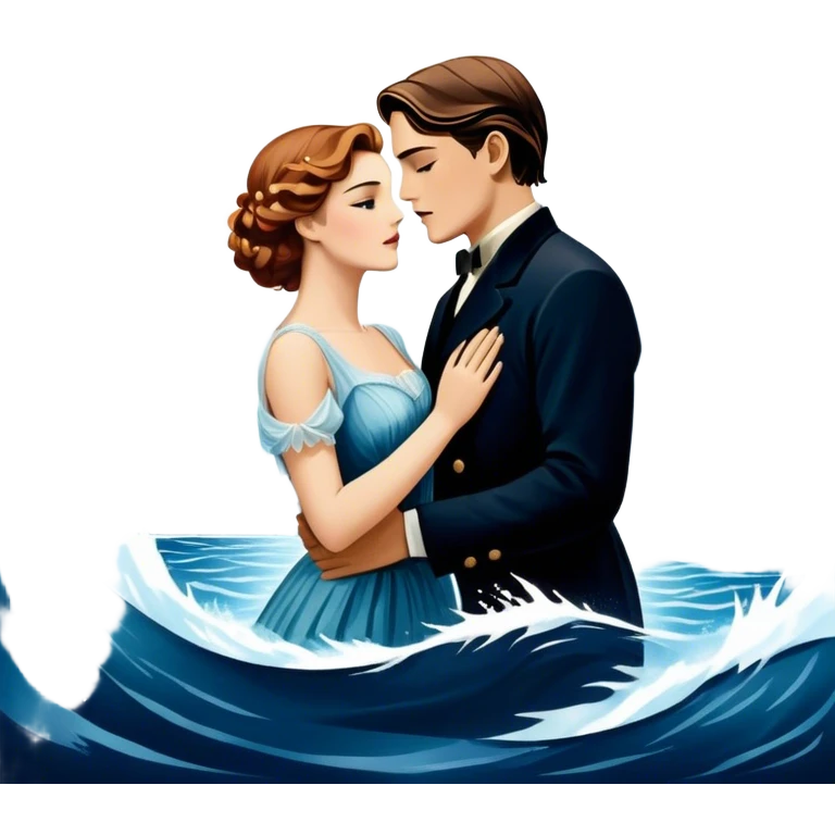 Icon for Titanic Movie: A vintage movie poster-style design featuring a dramatic scene of the ship, the iceberg, and a romantic silhouette of the main couple. Include elements like the ship’s bow, water splashes, and a starry sky in the background. Retro cinematic feel. Transparent background. emoji