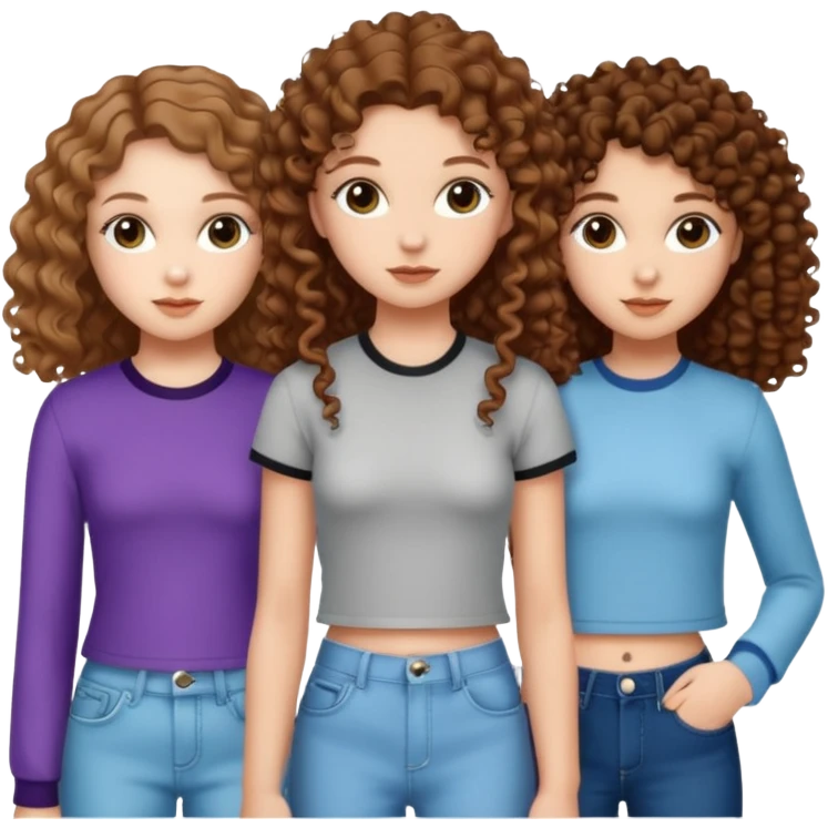 3 white girls, all of off this with brown hair but one whit straight one whit curly and one whit very curly(aesthetic)and chic clothes y2k, this girl have around 14 years emoji
