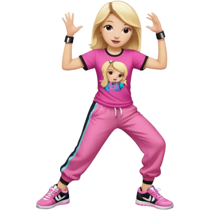 Hiphop dancer, with cute big pants, sneakers, and t-shirt. White girl blond. Coloufull shirt. No pocket pants. Dancing. No orange. Pink and black. No sweatband on the wrist, music box behind her emoji