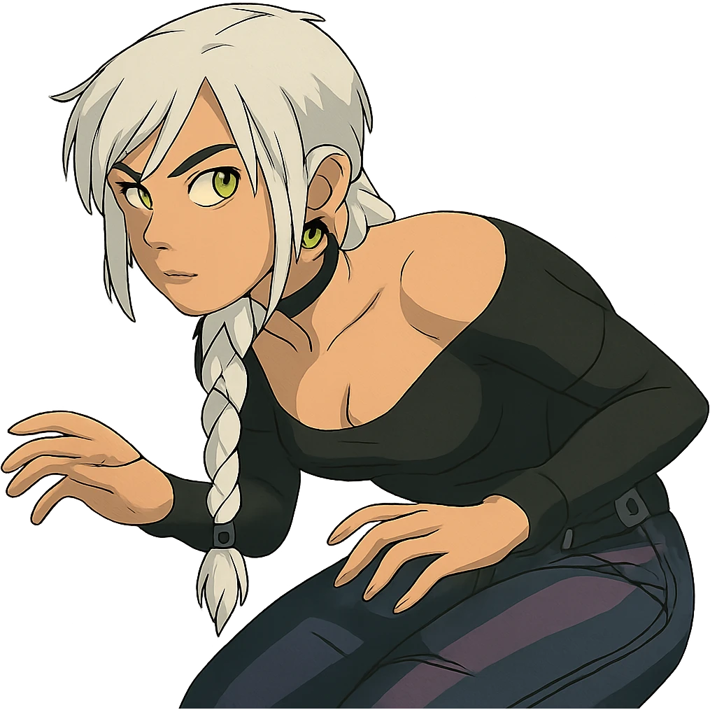  she is sneaking, scooby doo style, a closeup portrait of young woman with gold yellow eyes, white hair, long braid, black off-shoulder top d-cup, punk gothic style, futuristic cyberwave cyberpunk, sitting position
 emoji