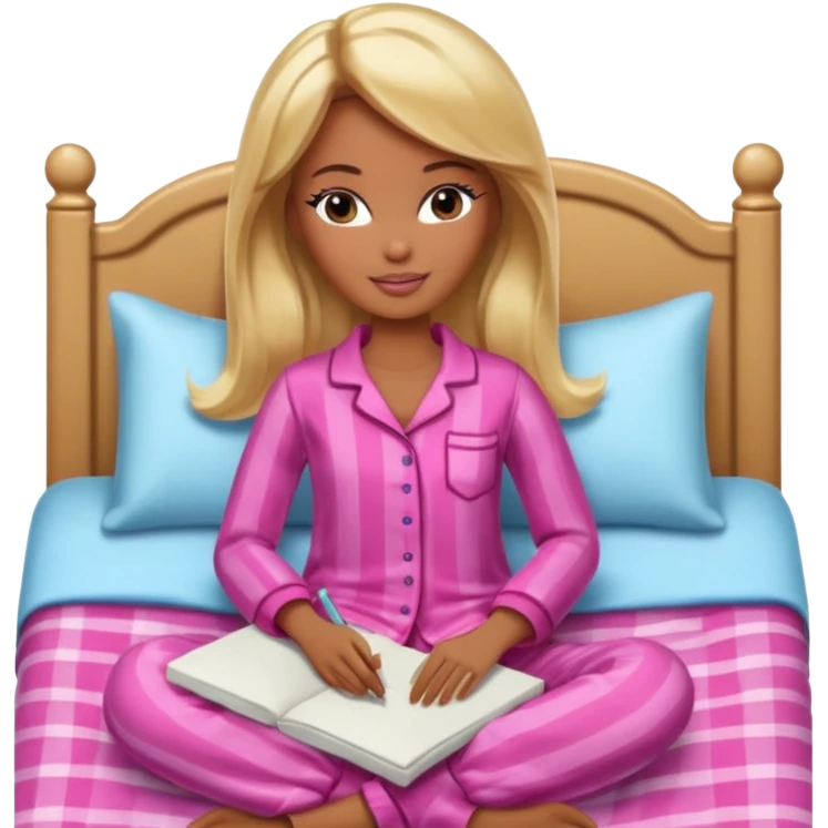 Brown skin blonde hair Barbie in pajamas in bed emoji