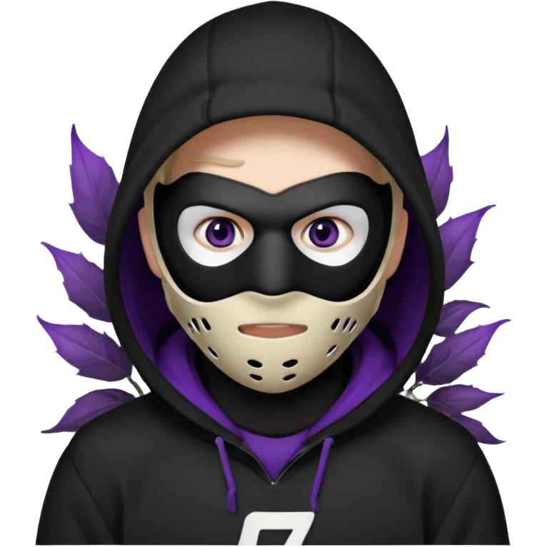 non human male cartoon character related to a shadow, with all black clothes, focusing a black hoodie, and a black hockey face mask covering his entire face, just his purple shadow eyes making a light bloom, no background emoji