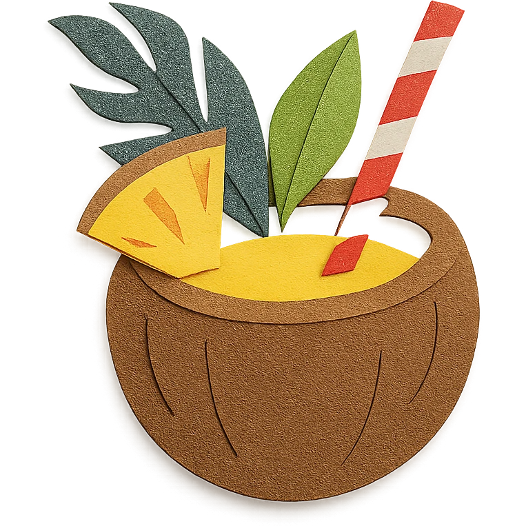 pina colada in a coconut shell with a straw and tropical leaves in paper-craft style emoji
