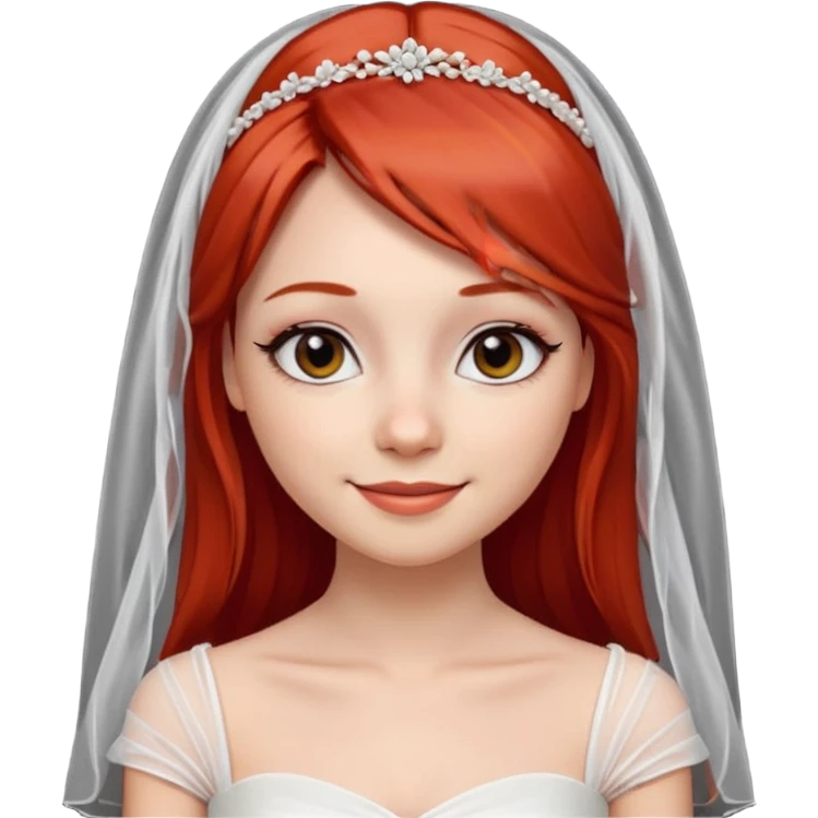 милая девушка невеста, с фатой, рыжими прямыми волосами по плечи, с черными макияжем глаз, тонкими бровями, с улыбкой, в стиле Apple avatar emoji