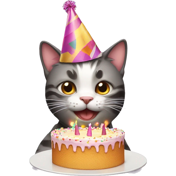 Cat with a party hat and a cake emoji