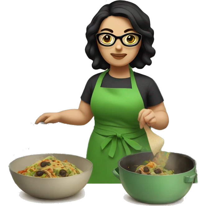chubby lady with black hair green apron  with glasses cooking tacos emoji
