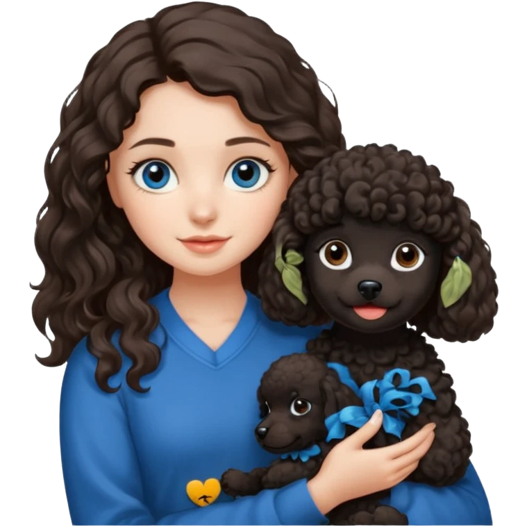 Brunette girl with long wavy hair and blue eyes holding black puppy poodle with brown eyes emoji