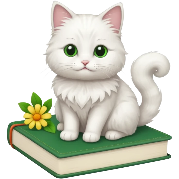 A white fluffy cat sits on top of a green book + flower emoji