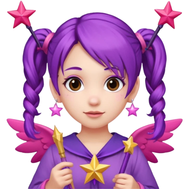 Create an emoji of a fairy-like woman with purple hair tied into two pigtails, red stars in her hair, wearing a pink outfit and pink wings. She is holding a pink star-shaped wand and wearing purple circular earrings. emoji