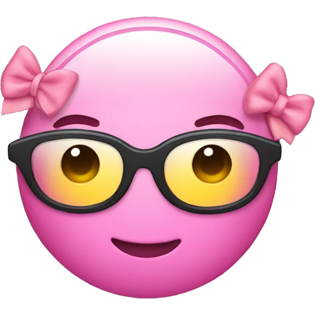 Pink round emoji smiley with black nerd glasses and bow on top of head  emoji
