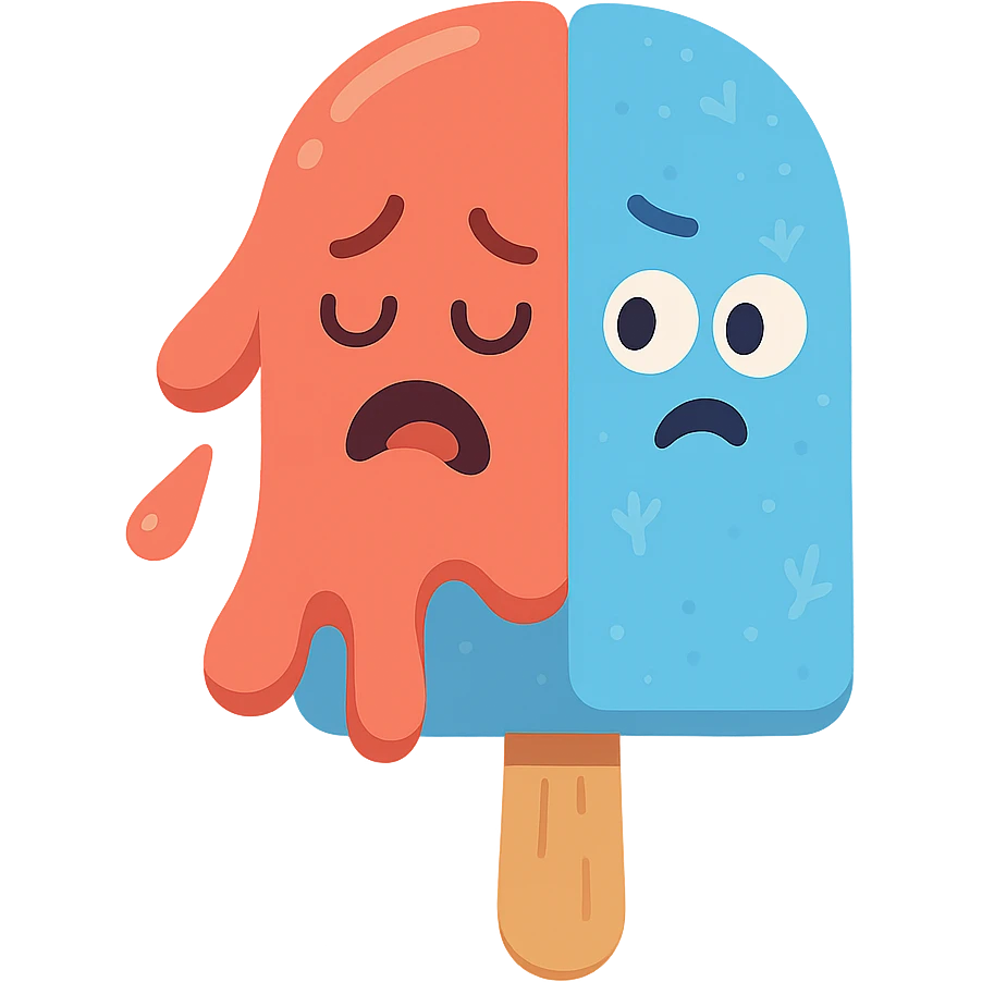 popsicle with one half melting and the other frosty, showing hot but cold emoji