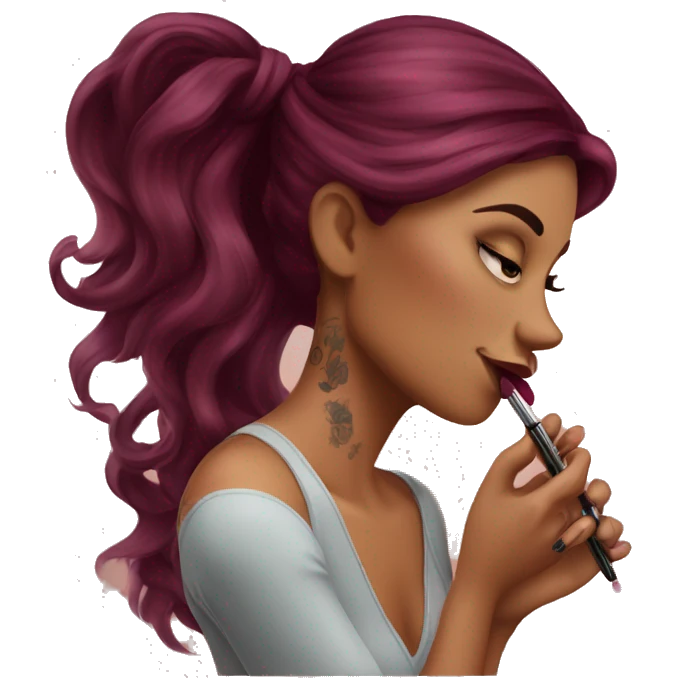 Beautiful tattooed burgundy long haired woman doing her makeup emoji