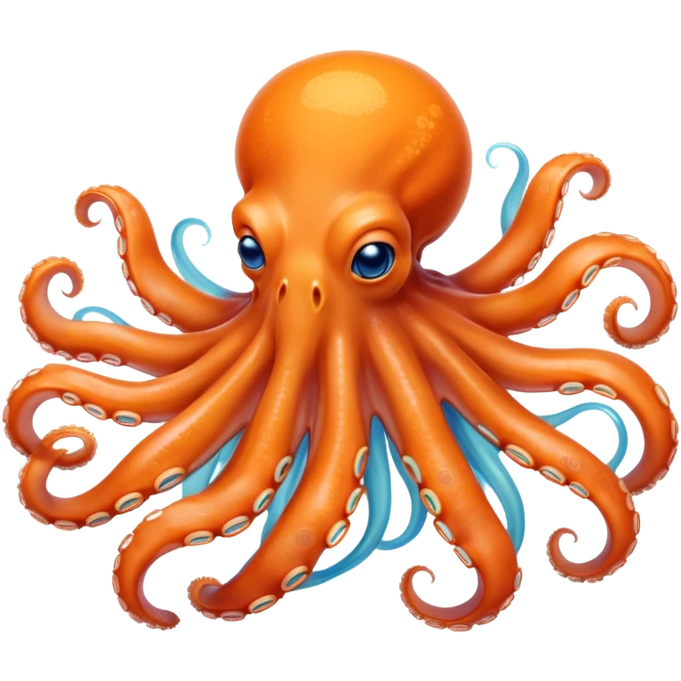 Beautiful and Majestic smiling Octopus Portrait Emoji, Head and body resting in serene repose with a gentle, content smile, showcasing a soft, light orange form adorned with elegant blue rings and delicately arranged arms, Simplified yet exquisitely endearing features, highly detailed, glowing with a soft, drowsy underwater light, high shine, relaxed and utterly enchanting, stylized with an air of majestic aquatic beauty, soft glowing outline, capturing the essence of a beautiful and majestic octopus that embodies the enchanting spirit of the deep! emoji