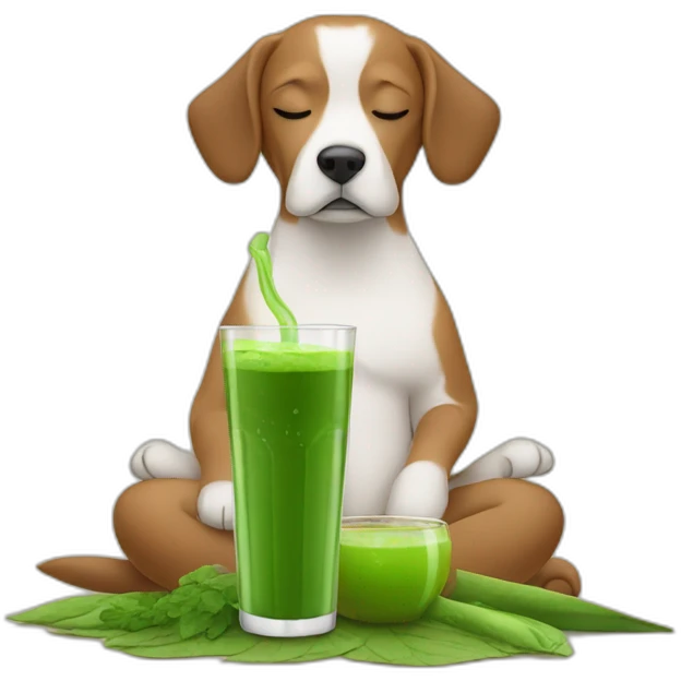meditating dog drinking green juice with eyes closed on the farm emoji