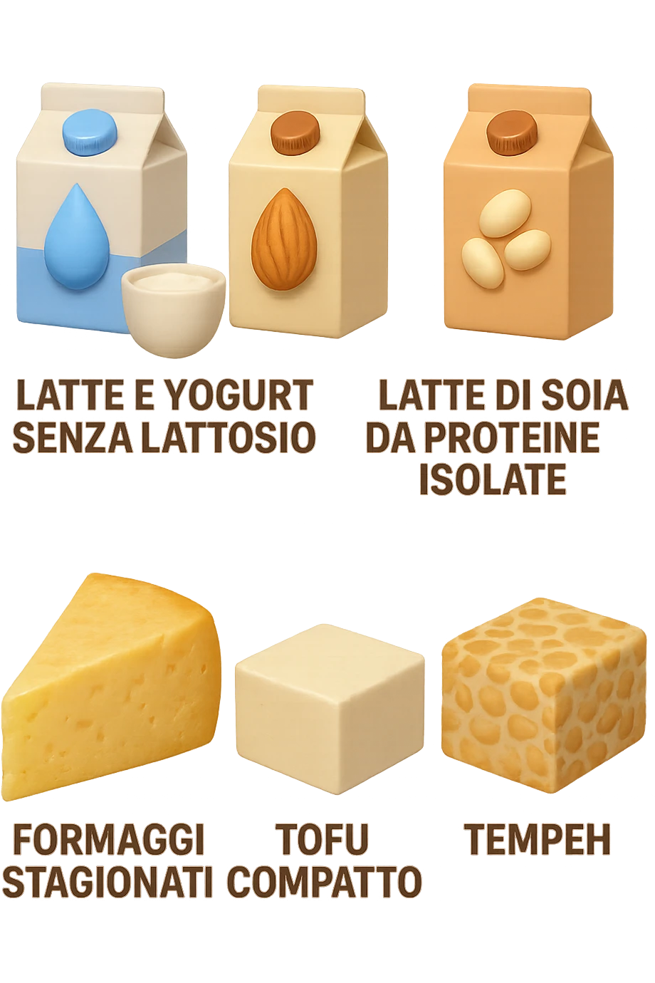 emoji stile iphone 3d di questi elementi che fluttuano in aria:

Latte e yogurt delattosati
Latte di mandorla (non zuccherato)
Latte di soia da proteine isolate
Formaggi stagionati (es. parmigiano)
Tofu compatto e tempeh
 che fluttuano in aria,  le etichette scrivile in italiano, iperealistico 4k emoji