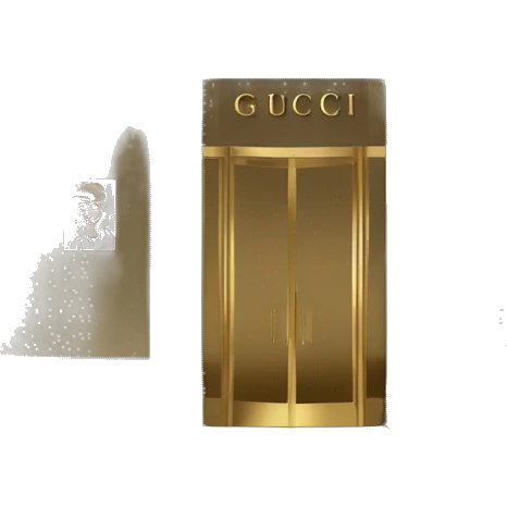 “Gucci store exterior with gold logo above entrance, large glass windows displaying luxury fashion, and elegant double doors.” emoji