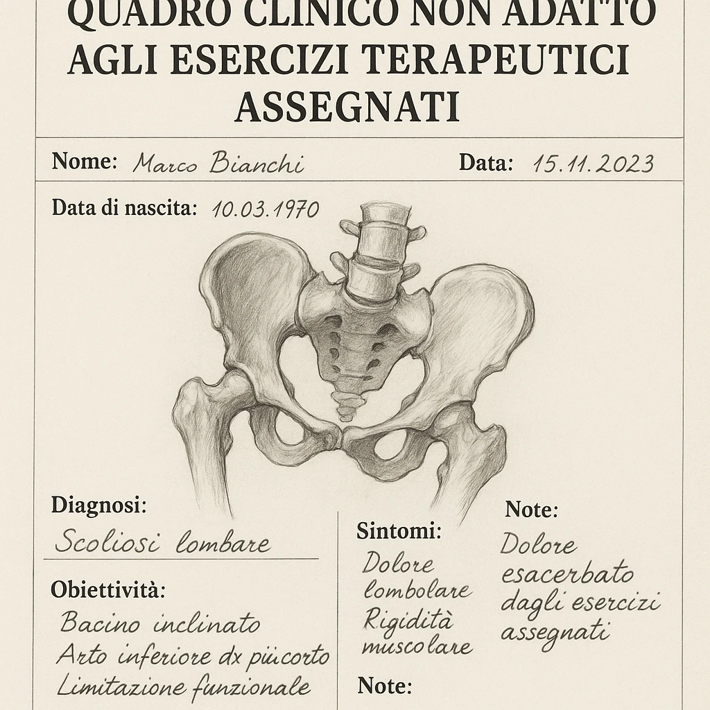 medical record with drawing of tilted pelvis, prominent title 'quadro clinico non adatto agli esercizi terapeutici assegnati', realistic style, clinical details, white background emoji