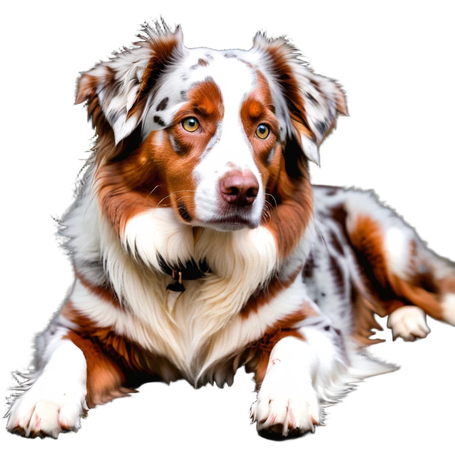 Red merle Australian Shepherd dog laying down, copper and white spotted coat emoji