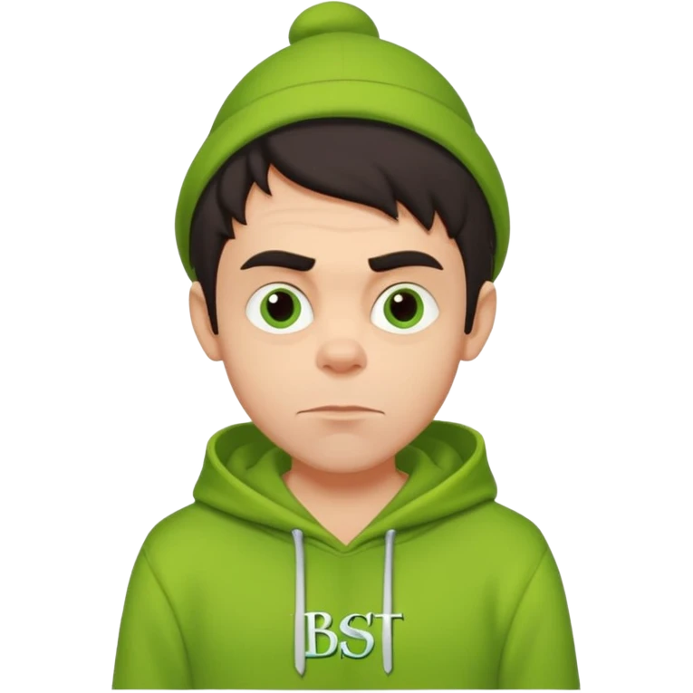 Create an avatar of white European with dark hair  male in hoodie with ``BST`` letters on it. Make background to look like from movie Grinch emoji