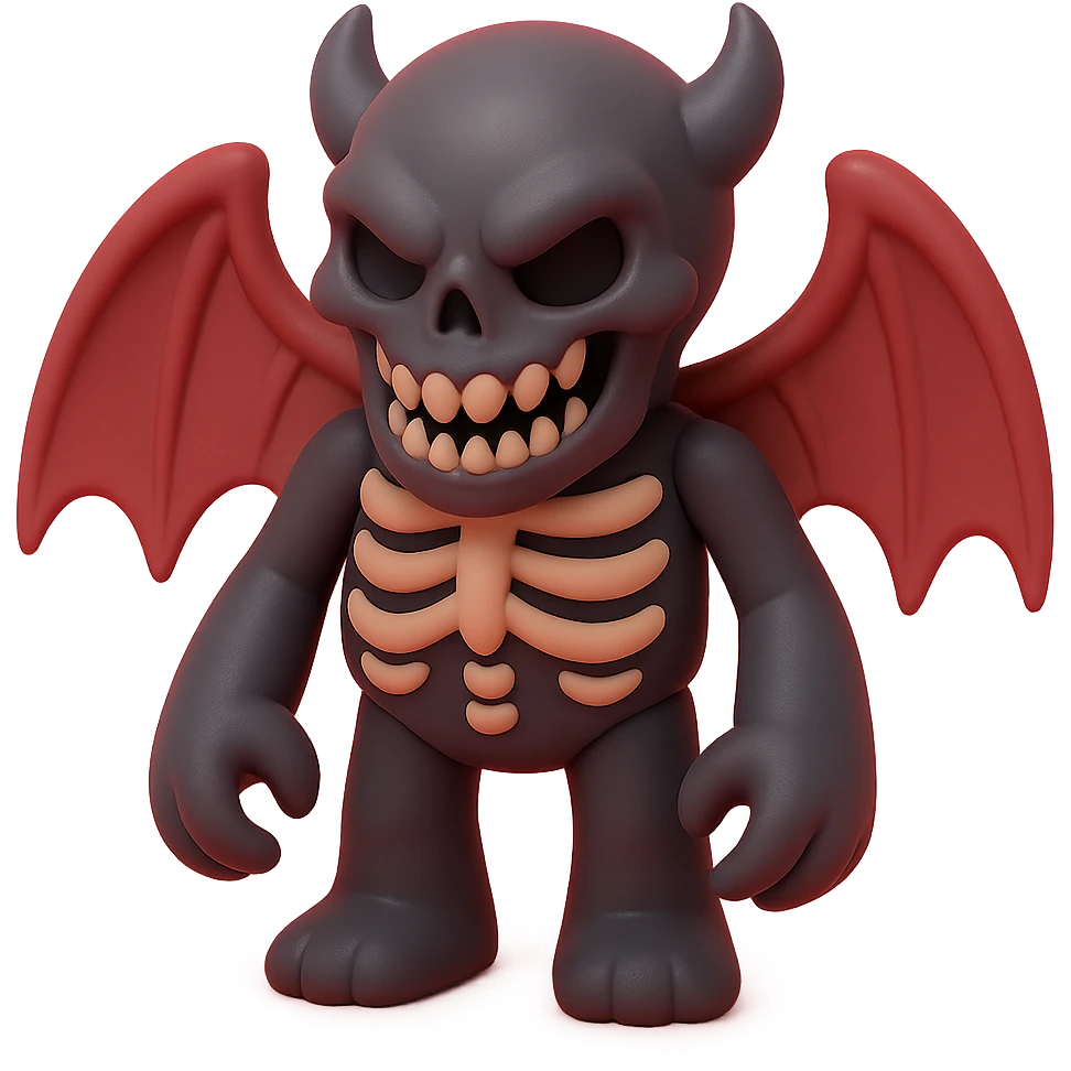 horrifying monster with skeletal features, tattered wings, sinister grin, dark red and black colors, vinyl figure style emoji