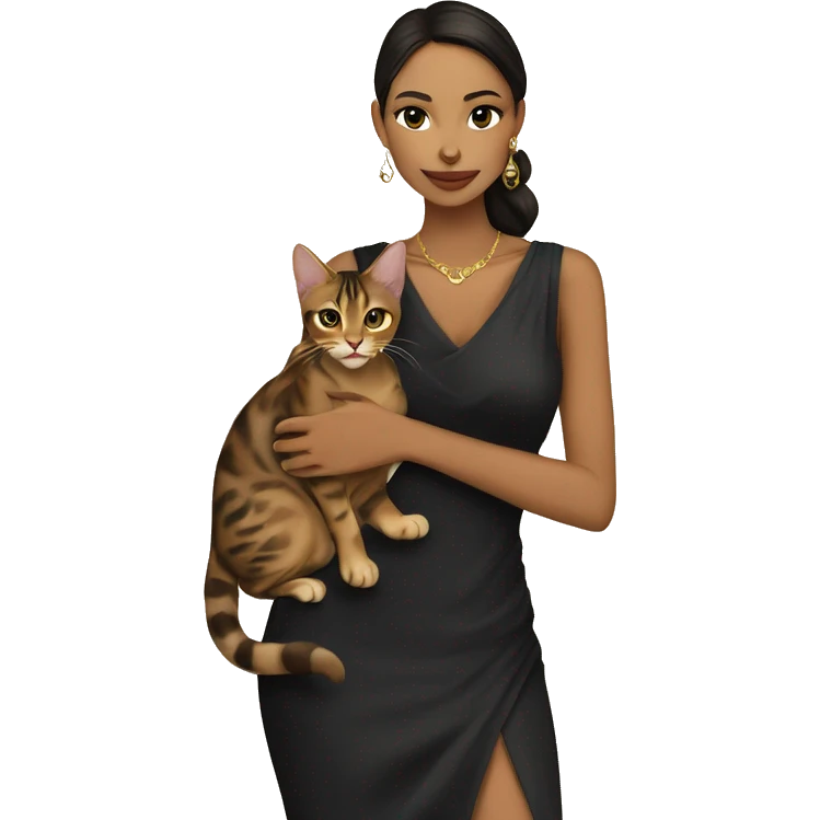 Beautiful skinny woman long dark brown hair in dark dress with gold earrings hug bengal cat emoji