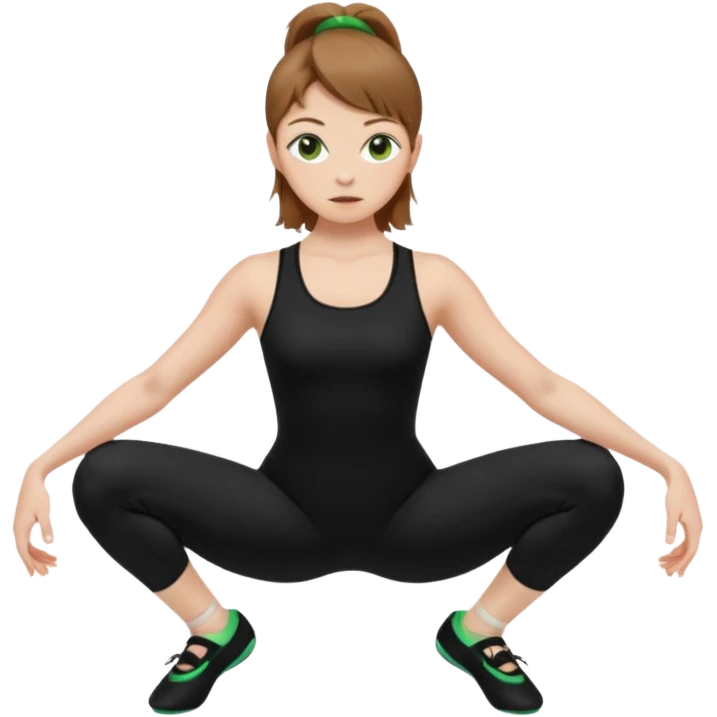 Beautiful woman with light brown shoulder length hair popping a squat without any weights. Make her with a little lighter, brown hair and green eyes. Make her fair skinned and wearing a black workout suit. make her wearing black ballet flats. emoji
