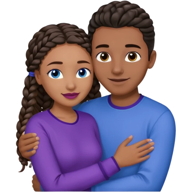 Boyfriend who is very tan olive skinned with blue eyes and wavy straight brown hair in a blue shirt and his girlfriend who is very dark skinned, juicy lipped with black braided hair and the two are hugging and smiling hugely she’s wearing purple and she has black eyes emoji