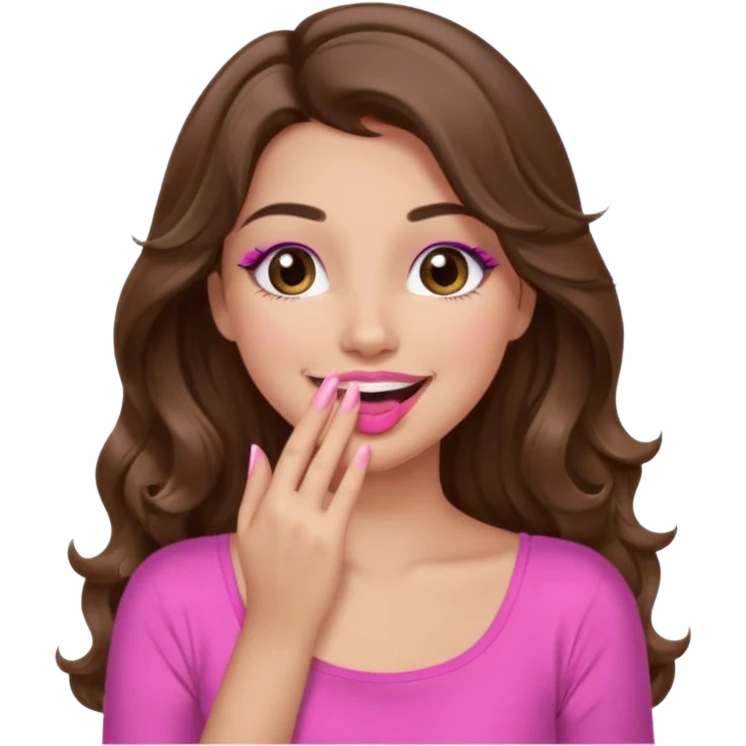 girl with long wavy brown hair, brown eyes, long lashes makeup, pink lips, light to medium complexion, pink sexy top, smiling, hand covering mouth, giggling emoji