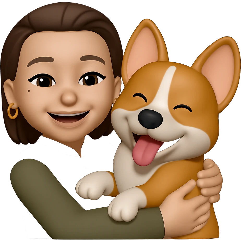 add golden ring earrings to her ears while she is hugging a corgi dog, keep the same style emoji