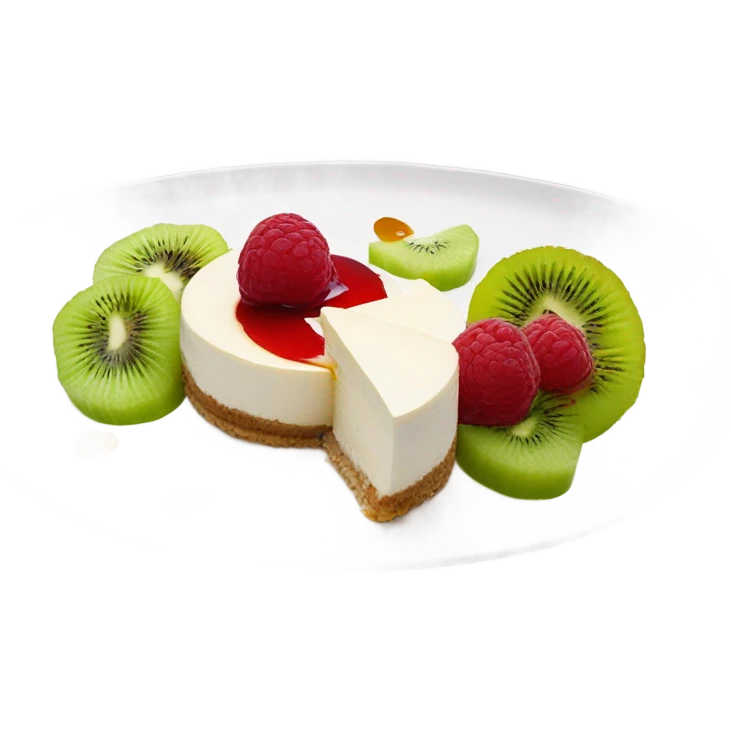 three cheesecakes with sour cream on top, raspberry jam and kiwi slices in a white plate emoji