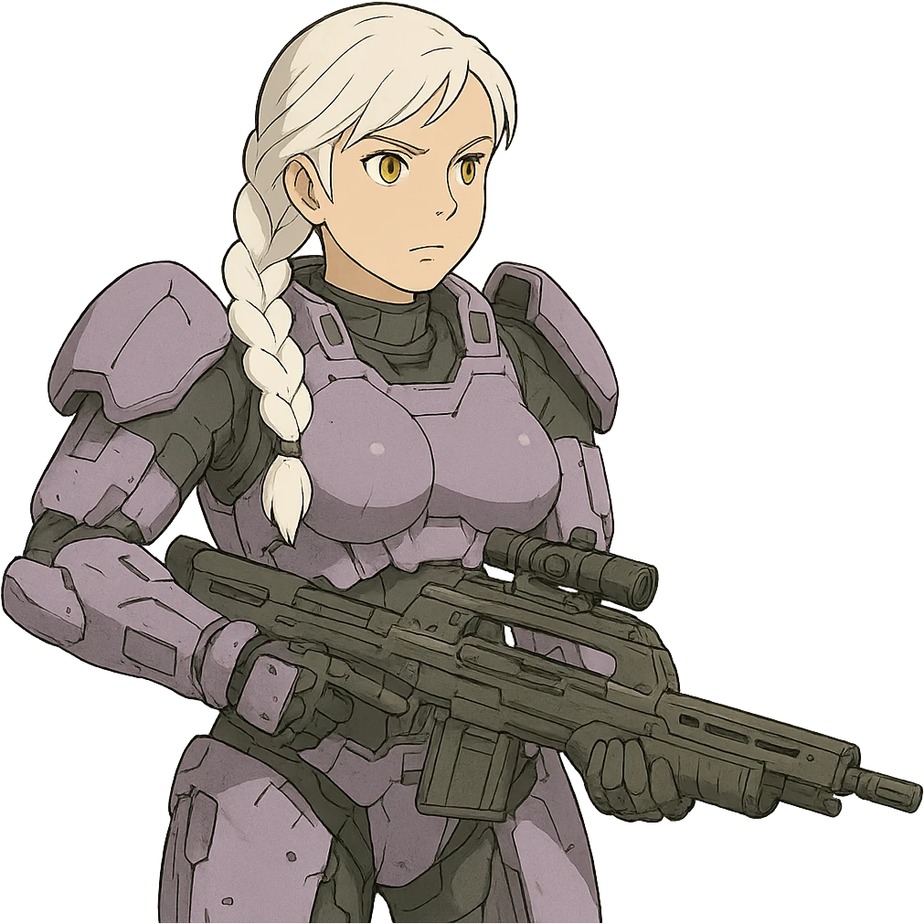female, wearing reach spartan armor default, long white braid hair, gold yellow eyes, attention pose, halo series, no helmet, the armor is lavender color scheme, shoulder pad off. DDD bust size fitting. Punk gothic cyberpunk, brandishing a dmr emoji