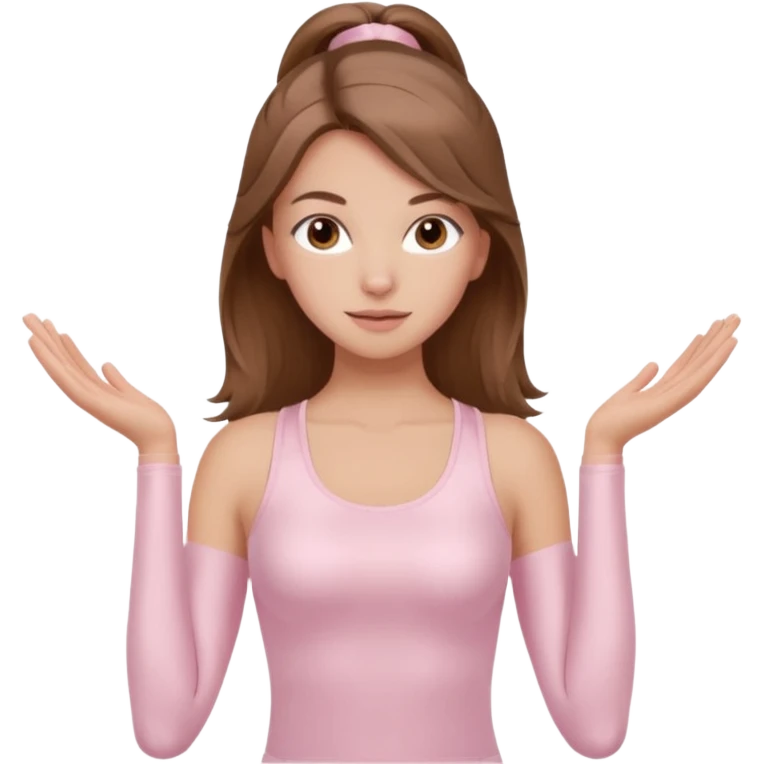 brown hair girl wearing light pink pilates clothes, silk beautiful medium hair and brown eyes emoji