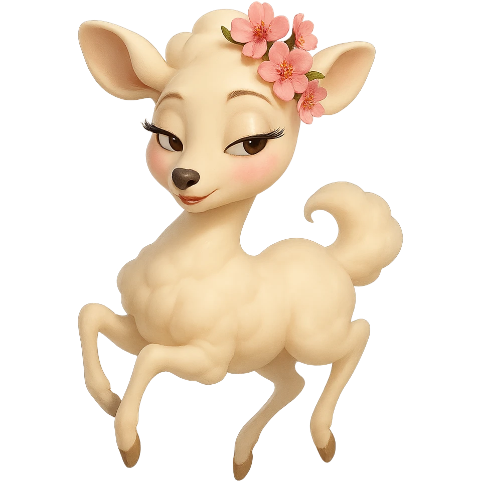feminine vanilla cloud doe floating gracefully with rosy cheeks and cherry flowers on its head, Pixar-inspired art, touch of allure and sophistication, tasteful and appropriate emoji