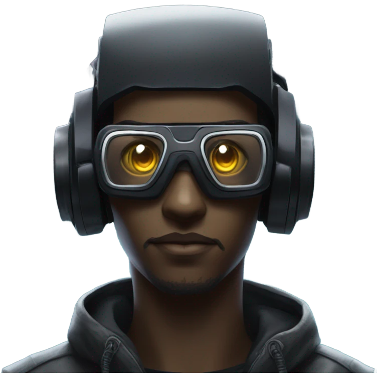 netrunner, cyberpunk hacker with mechanical glasses, black robot body, black vr headset emoji