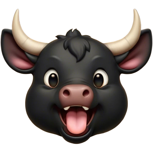 Cinematic Cute Yawning Black Bull Portrait Emoji, Head tilted slightly with a dramatic, wide-open yawn, showcasing a smooth, pure black hide with a subtle texture, floppy ears slightly drooping, round dark eyes barely open in drowsy contentment, Simplified yet irresistibly adorable features, highly detailed, glowing with a soft, cozy glow, high shine, relaxed yet expressive, stylized with a touch of rugged whimsy, bright and endearing, soft glowing outline, capturing the essence of a sleepy yet affectionate guardian, so drowsy it feels like it could charge right out of the screen and curl up for a nap! emoji