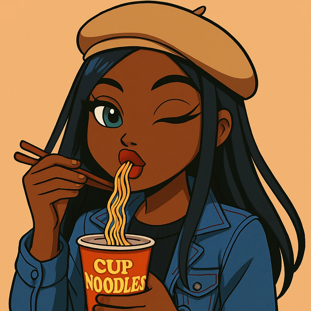 Change the pose to a 20-year-old anime Bratz style woman with dark skin, straight hair, trendy outfit, big expressive eyes, glossy lips, no hat, no tears, happy expression, looking straight ahead, eating a cup of noodles with chopsticks, headshot only. emoji