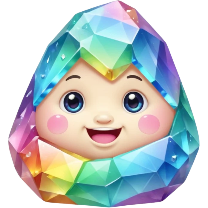 A single pastel rainbow crystal baby rock character, chubby and heavy with a chunky, irregular polygon shape,covered in faceted crystal planes and small chips, big glossy rainbow eyes and a small smiling mout emoji