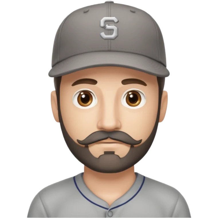 white male with dark brown goatee beard and moustache with grey tones wearing a grey baseball cap back to front with hazel eyes emoji